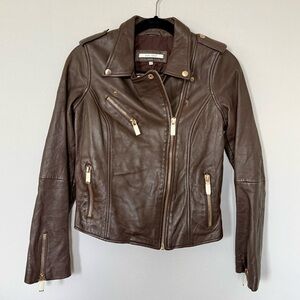 Chocolate Brown Soft Lamb Leather Moto Jacket with Gold Accents women size S/M